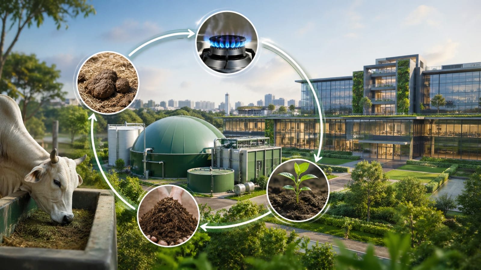 Circular economy of biogas: cattle waste to clean cooking gas, fertilizer and green campuses